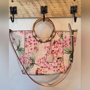Dana Bachman Large Pink Floral Tote with Bamboo Handle Adjustable Shoulder Strap